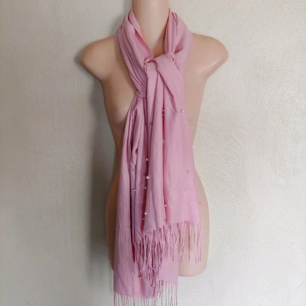 Pink Scarf/Shawl with Pearl and Silver Stud Accents Wide with Tassels